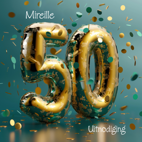 Uitnodiging verjaardag 50 ballon goud met confetti