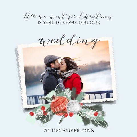 Kerst save the date kaart met foto en kersttakjes