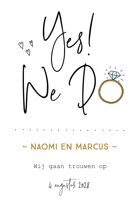 Hippe trouwkaart Yes we Do met hartjes en een ring