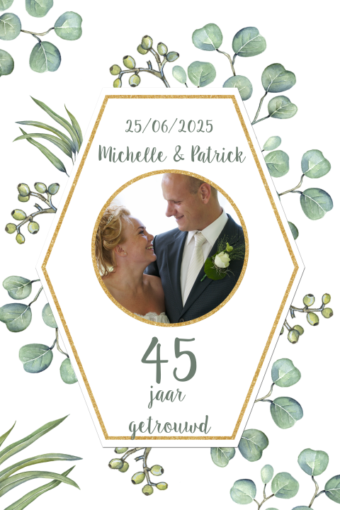 Huwelijkjubileum 45 jaar getrouwd met eucalyptus bladeren