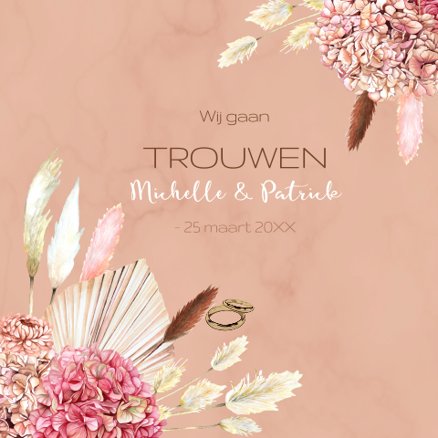 Trouwenuitnodiging met hortensia en droogbloemen