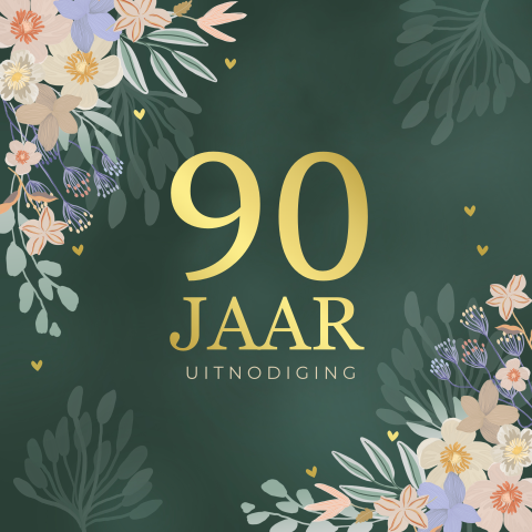 Uitnodiging 90e verjaardag in donkergroen met bloemen en goudfolie