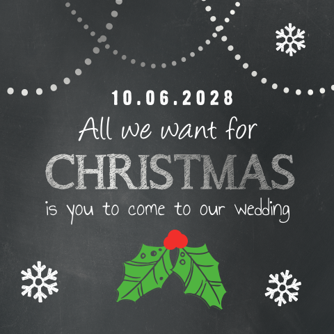 Kerst save the date kaart met krijtbord en kersttakje