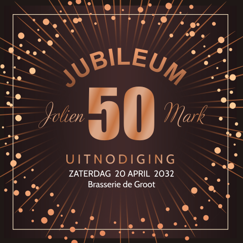 Jubileumkaart vierkant 50 jaar getrouwd glitters rosé koper