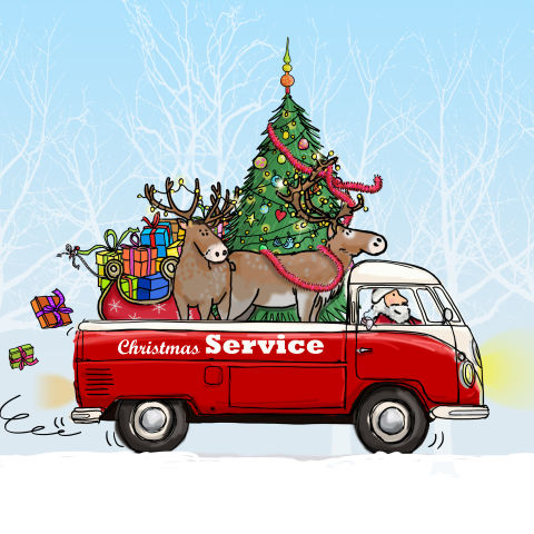 Origineel getekende kerstkaart met vrachtwagen en herten