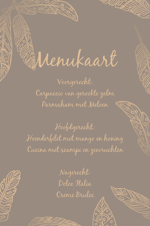 Mooie staande menukaart met goudkleurige veertjes