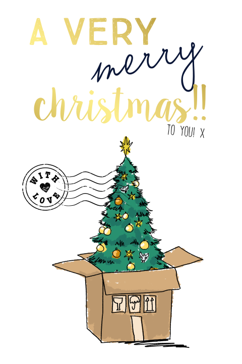 Kerst verhuiskaart met verhuisdoos en kerstboom