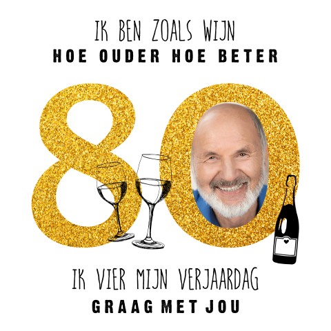 Uitnodiging tachtigste verjaardag met glitter 80 en foto