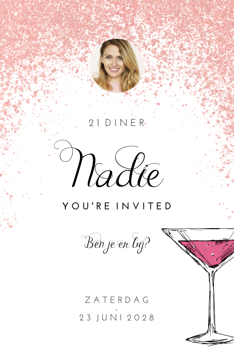 Uitnodiging 21 diner - roze glitter regen, foto en cocktail