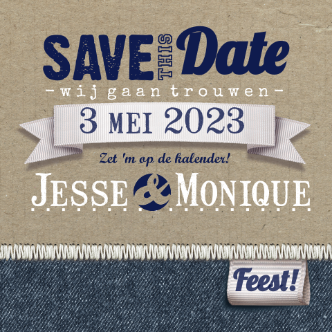 Stoere safe the date bruiloft met spijkerstof en label