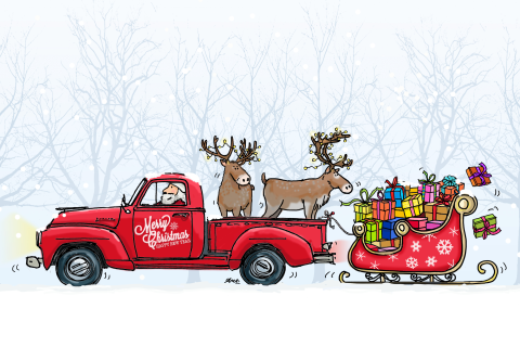 Fraai getekende kerstkaart met arrenslee en vrachtwagen