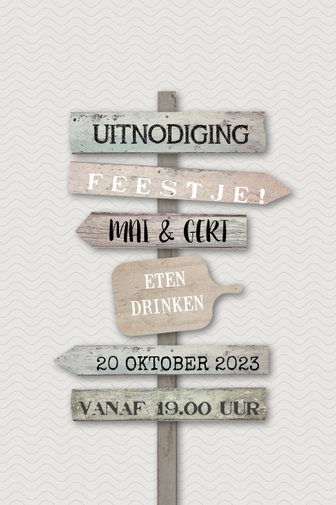 Stoere uitnodigingskaart voor een feestje met wegwijzers