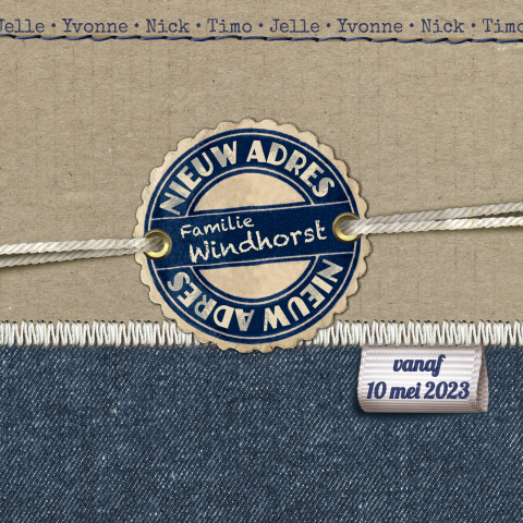 Hippe uitnodiging housewarming met spijkerstof