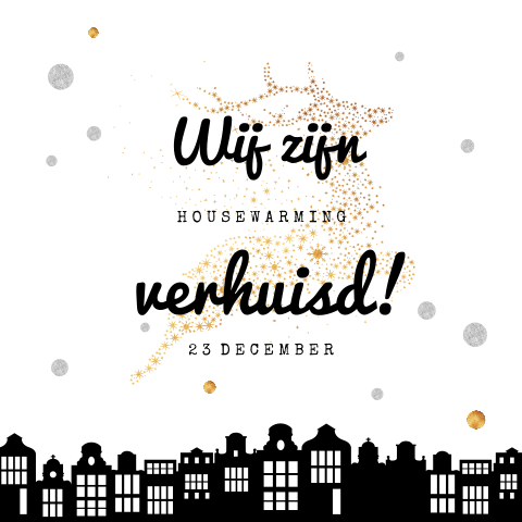 Kerst verhuiskaart met huisjes en confetti