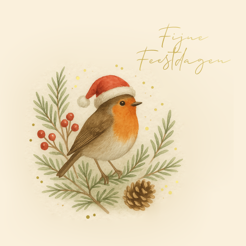 Klassieke kerstkaart met roodborstje en goudfolie