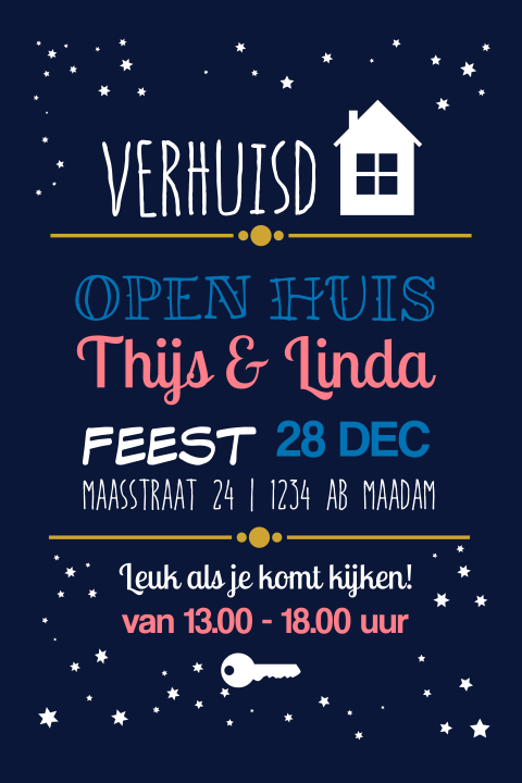 Kerst verhuiskaart met wit huisje en sleutel