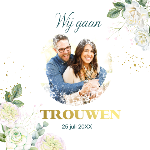Trouwen witte rozen goudfolie