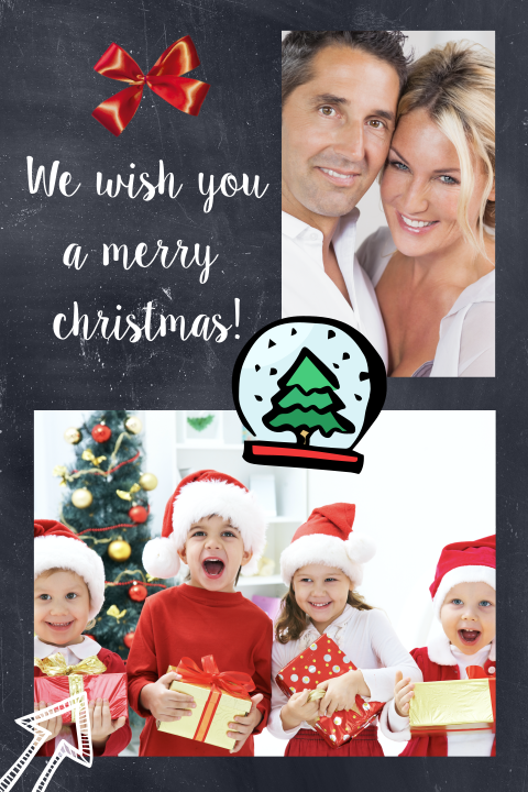 Kerstkaart met krijtbord fotolijst en kerstboom