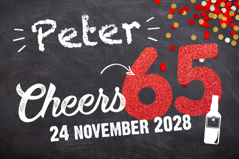 Uitnodiging 65 jaar met rode glitter en confetti
