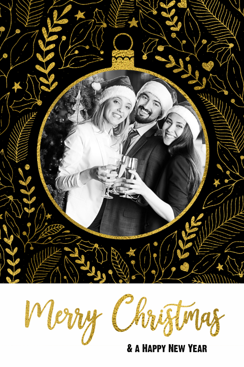 Zakelijke kerstkaart goud kerstbal teamfoto