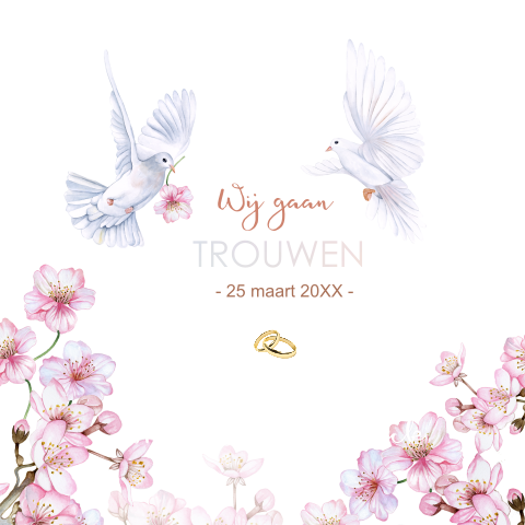 Trouwen twee witte duiven roze bloesem