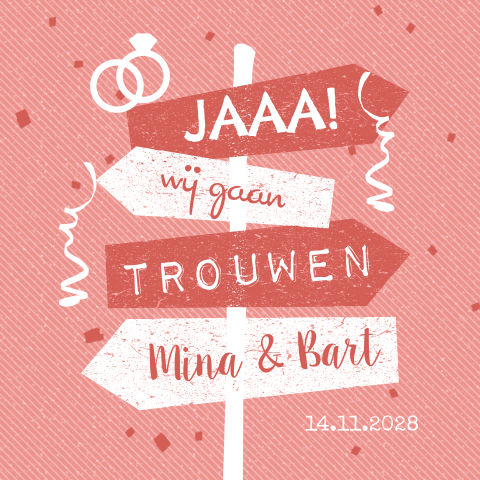 Trouwkaart met vrolijke rode wegwijzer