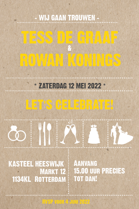 Trouwkaart kraft met icoontjes en felle gele letters