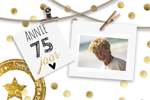 Uitnodigingskaart 75 jaar met wasknijpers en foto