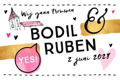 Origiele trouwkaart roze goud wit hartjes