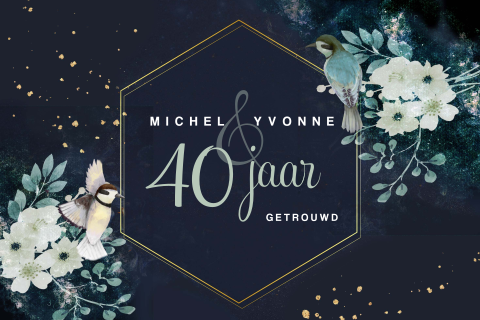 Jubileumkaart 40 jaar getrouwd met aquarel vogels.