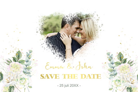 Save the date witte rozen goudfolie