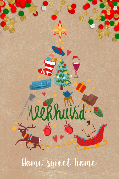 Kerst verhuiskaart met vrolijke illustraties
