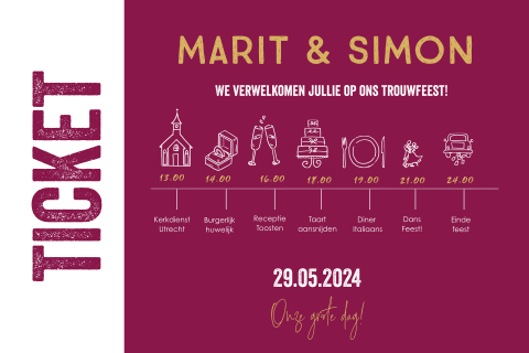 Trouwkaart in bordeaux rood met een geïllustreerde tijdlijn
