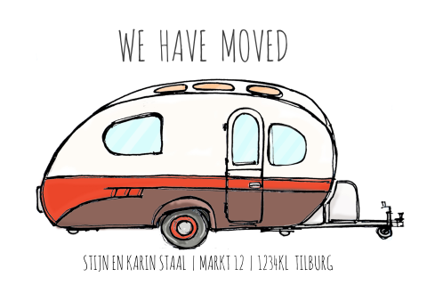 Getekende verhuiskaart met retro caravan
