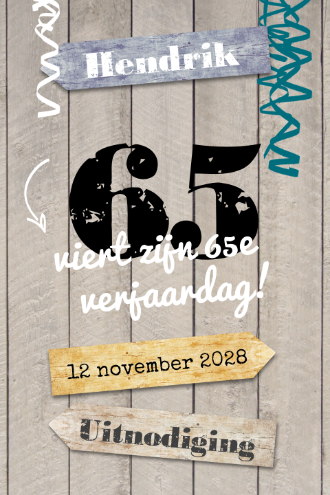 65e verjaardag uitnodiging met hout en wegwijzers