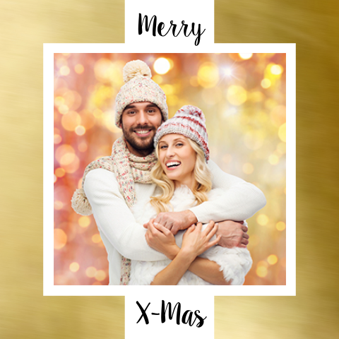 Strakke kerstkaart met foto en gouden kader