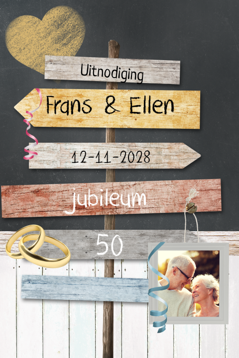 50 jaar getrouwd uitnodiging met feestelijke wegwijzer