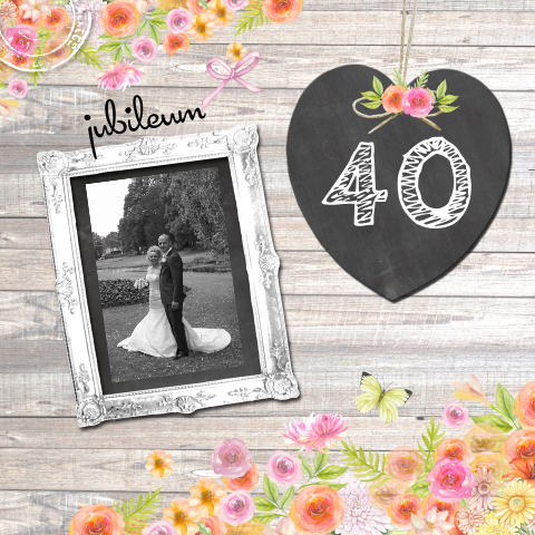 Stoere jubileumkaart met lieve bloemetjes