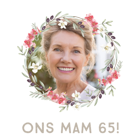 Uitnodiging 65 jaar met foto en krans eromheen