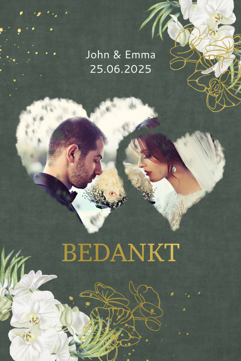 Trouwen bedankt witte orchidee goudfolie