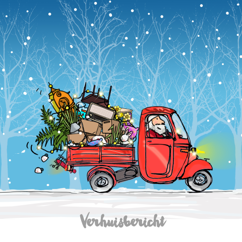 Origineel getekende kerstkaart met Vespa en verhuisspullen