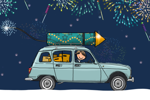 Kerst verhuiskaart met vuurpijl en vuurwerk
