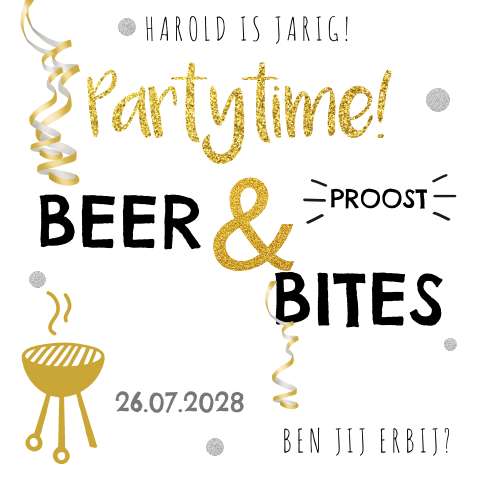 Uitnodiging verjaardag met gouden glitter letters