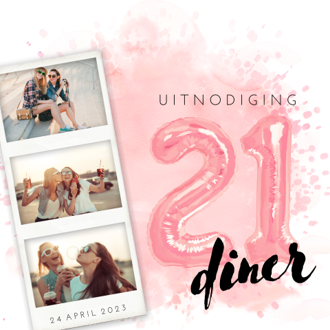 Uitnodiging 21 diner met foto strip en roze cijfer ballon