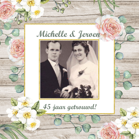 Huwelijksjubileum uitnodiging met eucalyptus en rozen