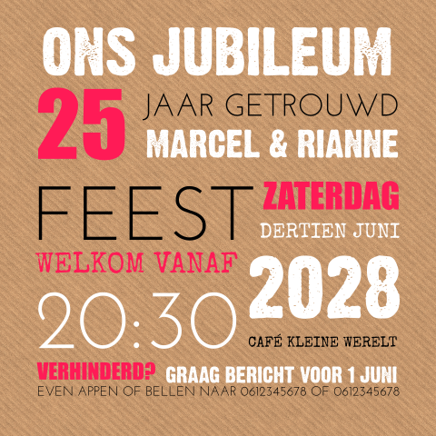 25 jaar getrouwd uitnodiging op kraft met roze