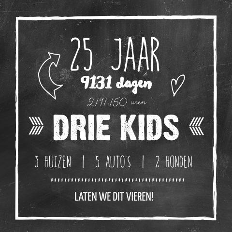 Stoere 25 jarig jubileumkaart met foto op krijtbord