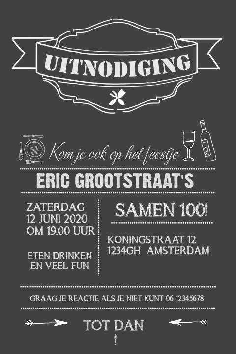 Leuke uitnodigingskaart voor samen 100 feest met krijtbord