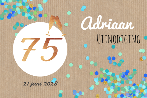 75 jaar uitnodiging met confetti op kraft