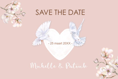 Save the date witte duiven op hart met botanische bloesemtakken